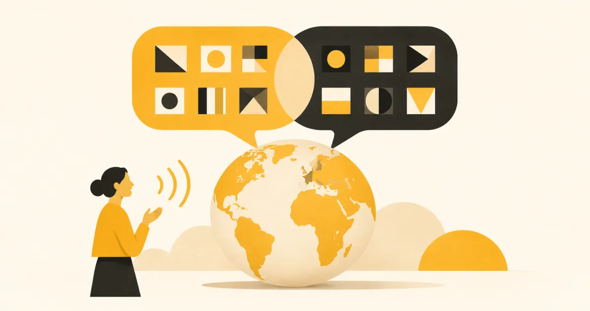 Illustration of two speech bubbles over a globe with a person speaking