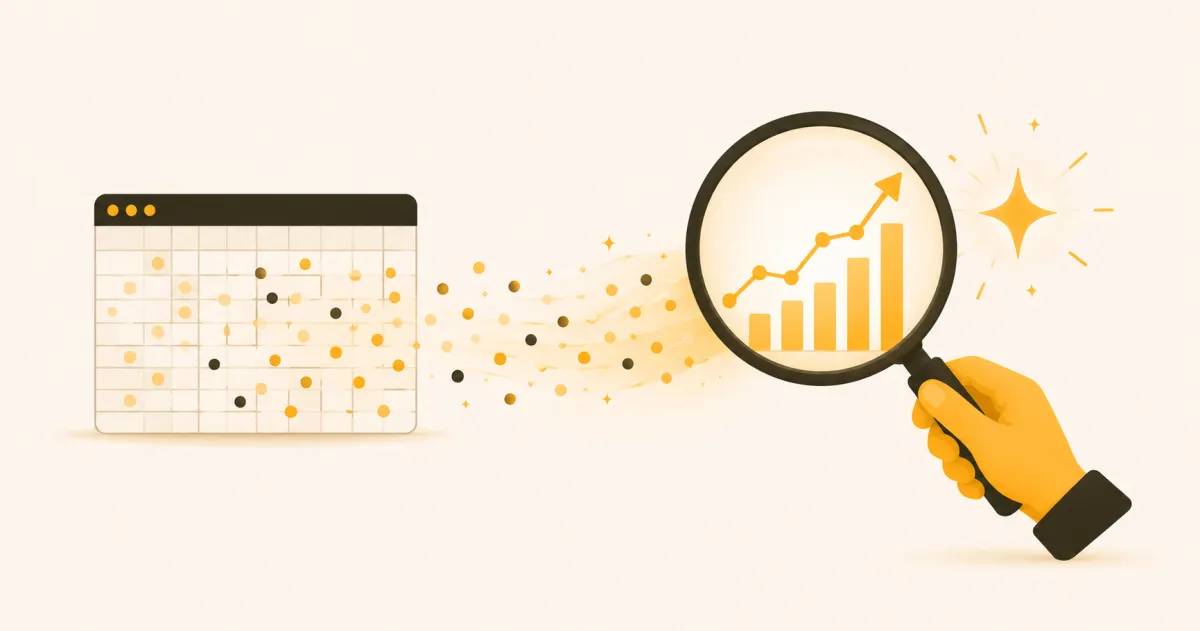 Illustration of a magnifying glass revealing a rising chart from spreadsheet data