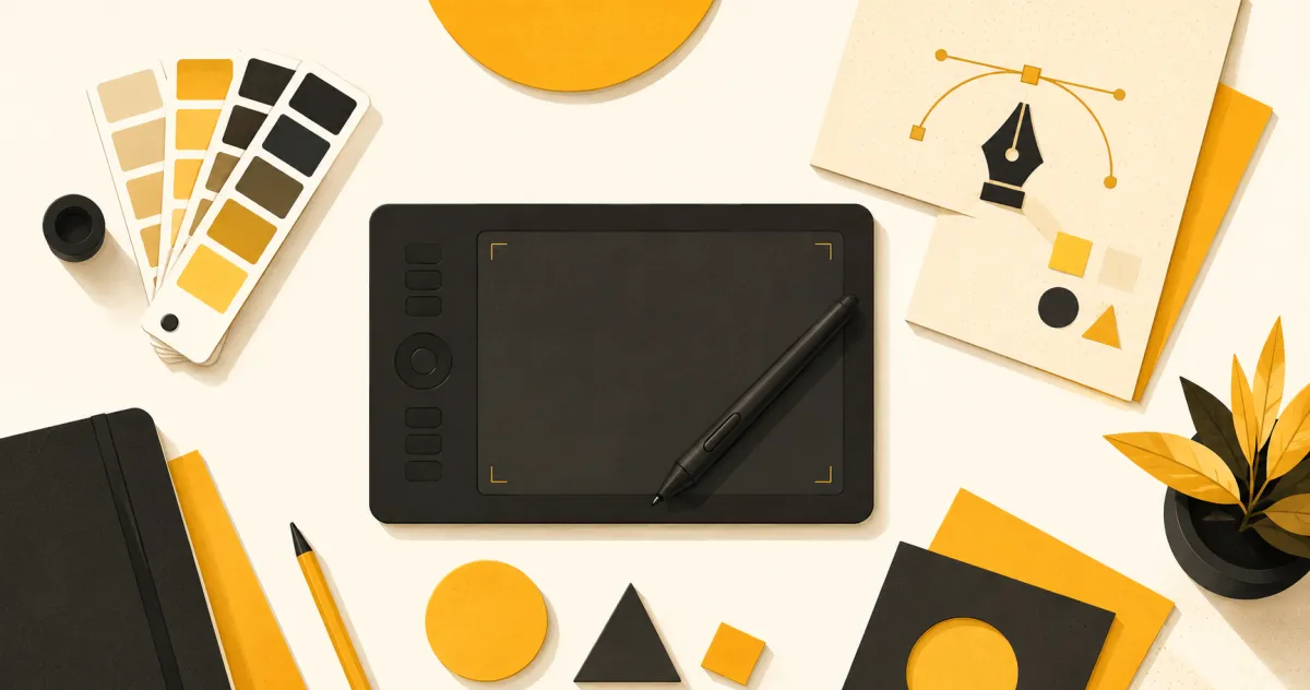 Flat lay illustration of a designer's desk with color swatches, tablet and pen tool