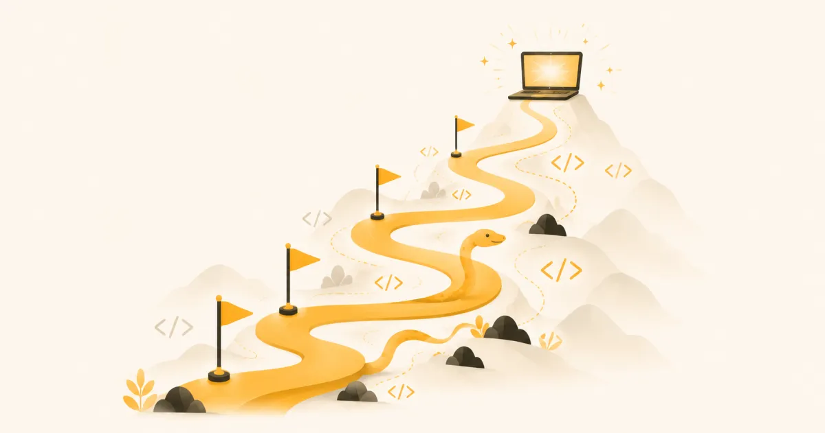 Illustration of a winding roadmap with code brackets leading to a laptop at the summit