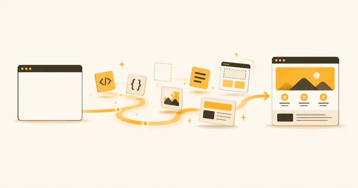 Illustration of a blank browser transforming into a finished webpage