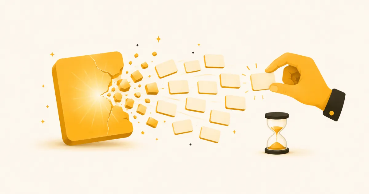 Illustration of a large block breaking into small bite-sized learning cards